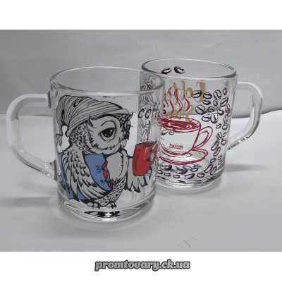 Чашка скло прозора з малюнк. офіс кава 200мл , 8105, 8106, 8107 /шт