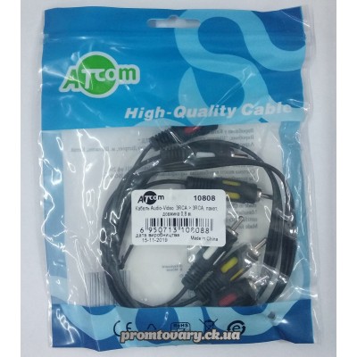 З'єднувач Тюльпан 3RCA-3RCA (жов:черв:білий)0,8м Atcom 10808 Позолота покращенний