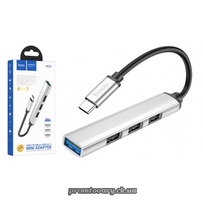 USB2.0 Hub Hoco HB26 Type-C to USB3.0+3*USB2.0 стальний