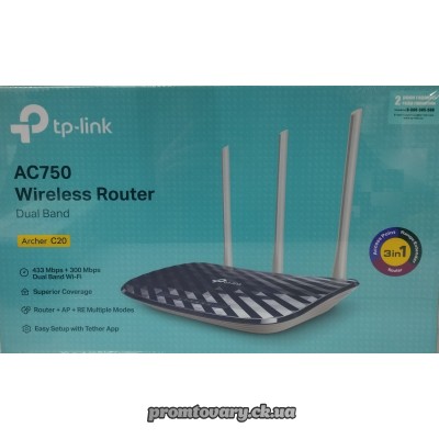 Мереж.маршрутізатор(Router) TP-Link AC750 Archer C20 Wi-Fi Двухдиапаз. 300Mbps/2,4ГГц+433Mbps/5ГГц 1WAN, 4LAN, гар24міс