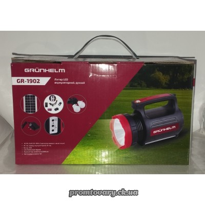 Ліхтар Grunhelm GR-1902 ручн. 1Вт+12LED+2світлод.лампи 3Вт+USB-зарядка соняна панель, акум.2*2000mAh /шт Ліхтар Grunhelm GR-1902 ручн. 1Вт+12LED+2світлод.лампи 3Вт+USB-зарядка соняна панель, акум.2*2000mAh /шт