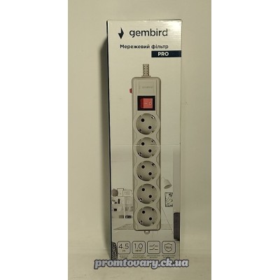 Мер.фільтр-подовжувач 4,5м Gembird SPG5-G-15G-Pro євро 5місць сірий 16А 4500W Мер.фільтр-подовжувач 4,5м Gembird SPG5-G-15G-Pro євро 5місць сірий 16А 4500W